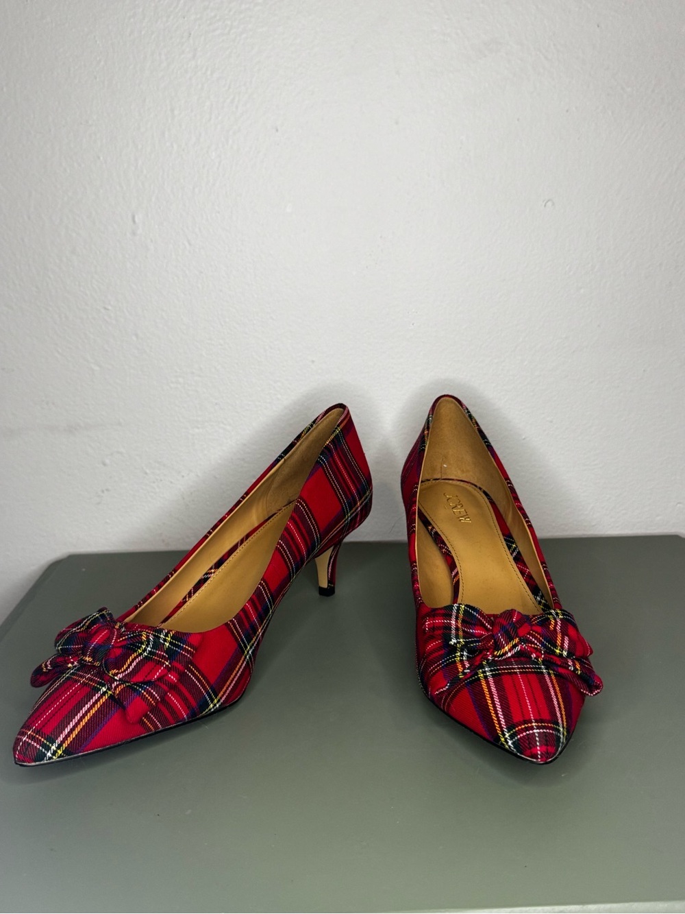 J.Crew Red Plaid Pointed-Toe Kitten Heel Pumps with Bow